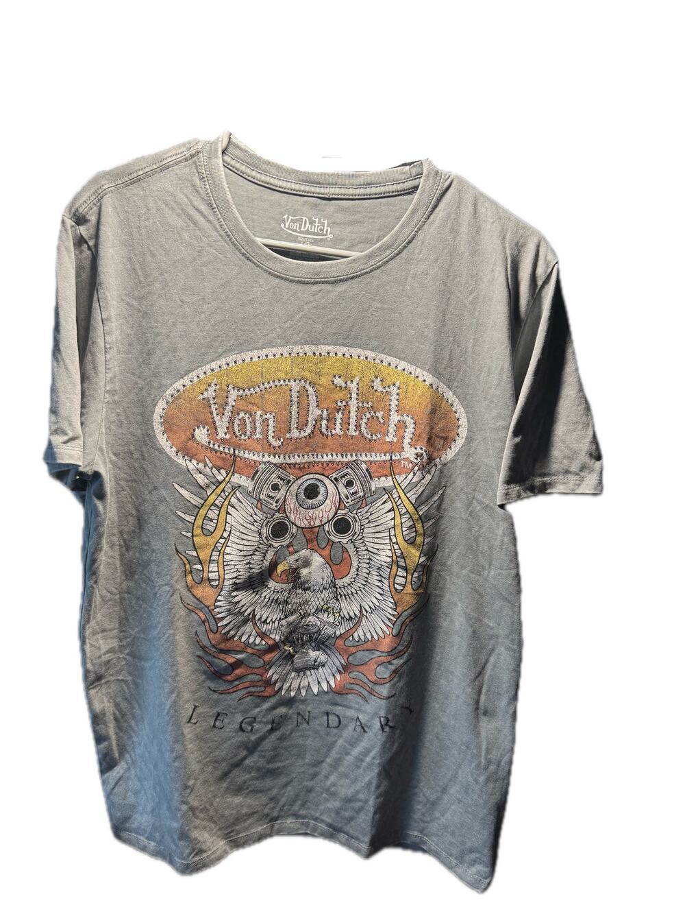 Von Dutch Men's L Gray Legendary Eagle Rhinestone Graphic T-Shirt Y2K Biker